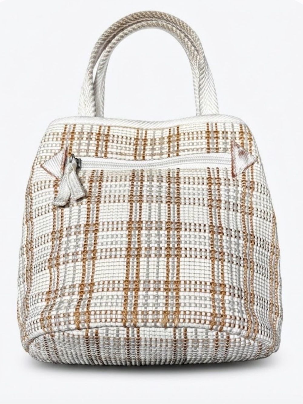 Woven Cream & Brown Plaid Bucket Handbag